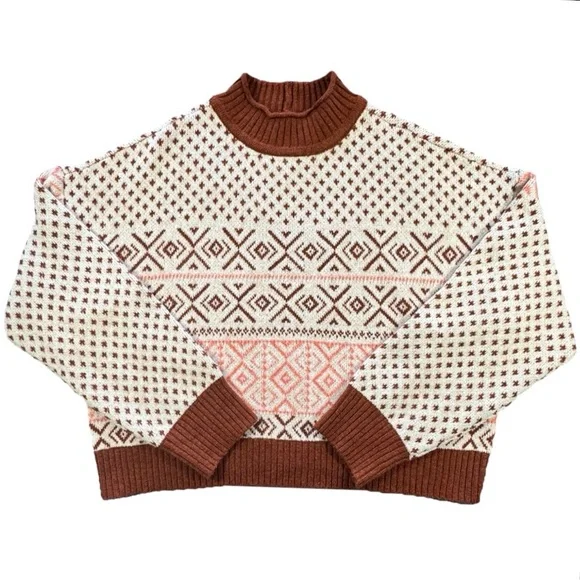 American Eagle Fair Isle Cropped Sweater XL Nordic Mock Neck Knit - Picture 12 of 13